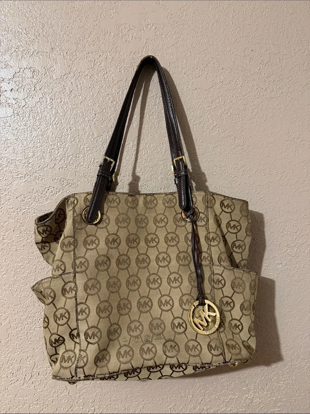 Michael Kors Beige Logo Canvas Tote with Dark Brown Straps and Gold MK Charm
